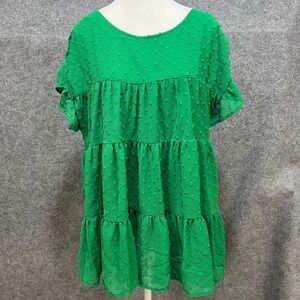 Bluivy Young Contemporary Green Swiss Dot Tiered Ruffle Short Sleeve Tunic Top L